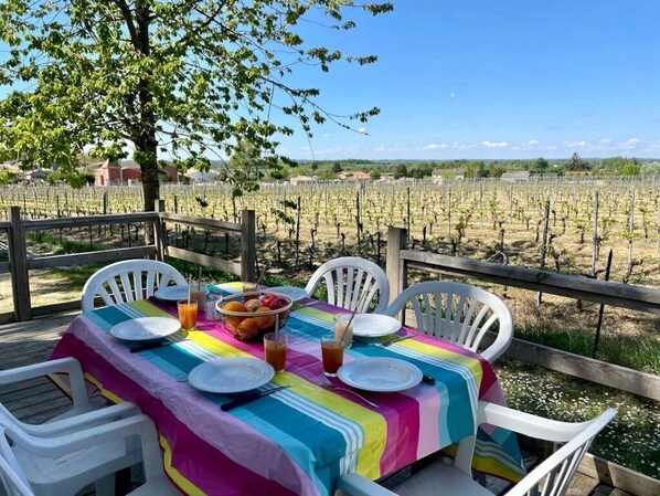 Une table dressée à l’extérieur, avec vue sur un vignoble.