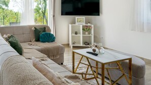 A living room with a sofa, a coffee table, a TV, and a white shelving unit. - Villa with mountain view (Lovreć)