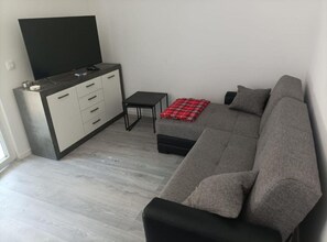 A modern living room with a grey sofa, a small black table, a TV on a cabinet, and a red plaid throw on the sofa. - One Bedroom Apartment with Terrace (Povljana)