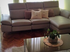 A brown sofa with cushions, a wooden coffee table, and a potted plant. - Two Bedroom Apartment with Terrace (Drasnice)