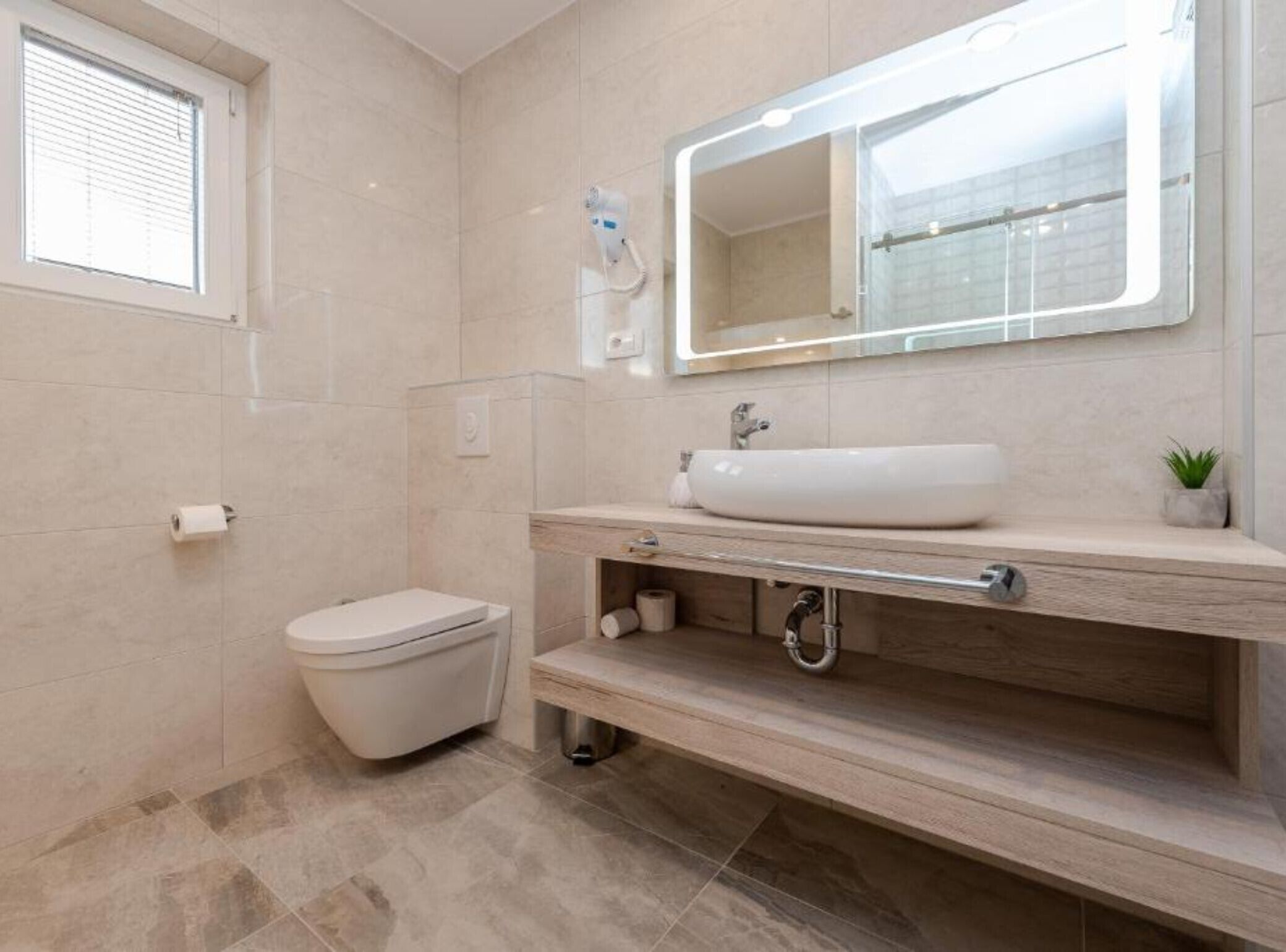 A modern bathroom with a toilet, sink, mirror, and a small plant.