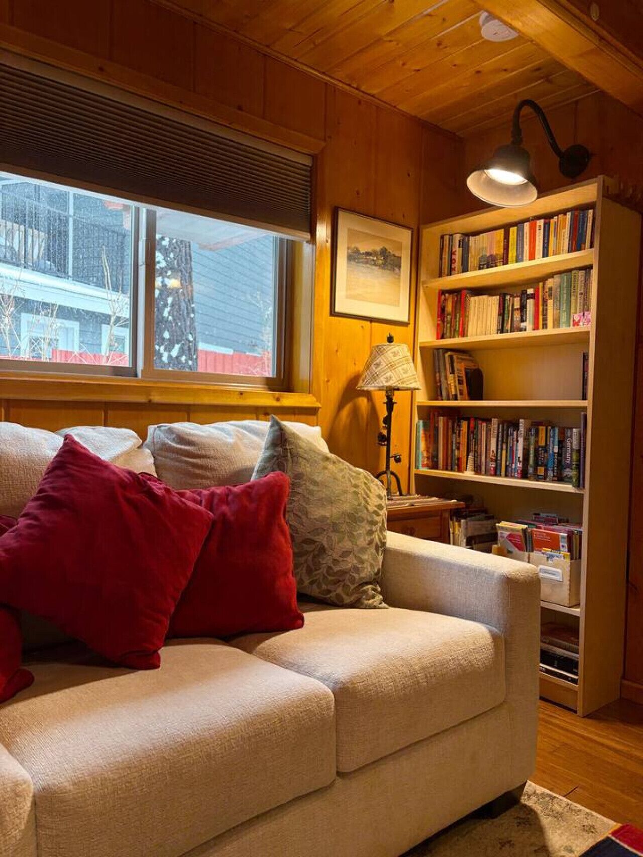 Een televisie, een open haard en boeken