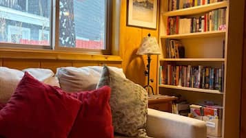 Een televisie, een open haard en boeken