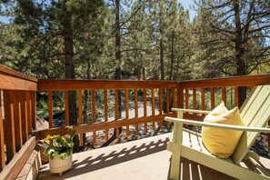 A wooden deck with a chair and a potted plant.