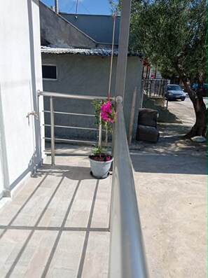 A potted plant with pink flowers on a balcony.