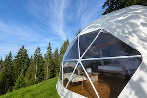 A geodesic dome structure with a visible interior including a bed, a table, and a window.