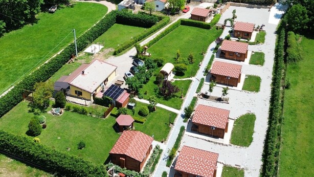 Un quartier résidentiel composé de plusieurs maisons, avec une pelouse bien entretenue et une forêt dense en arrière-plan.
