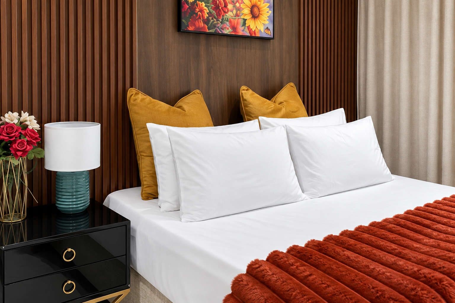 A neatly made bed with white bedding, a red throw blanket, and two mustard-colored pillows.