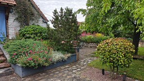 En havevej fører hen til en landlig bygning med en blå dør, omgivet af forskellige planter og træer.
