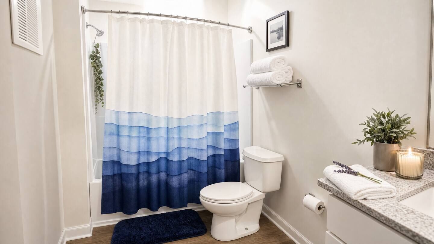 Un baño con inodoro blanco, cortina de ducha con degradado azul, una alfombra pequeña, toallero con toallas, planta en maceta y una vela sobre la encimera.