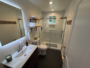 A modern bathroom with a glass-enclosed shower, a white sink with a green candle, and a toilet with a toilet paper holder. - Retreat with spa and amazing outdoor space. 5 miles to downtown Chattanooga (Rossville)