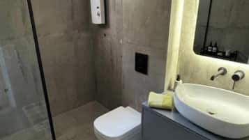 Hair dryer, towels, soap, toilet paper