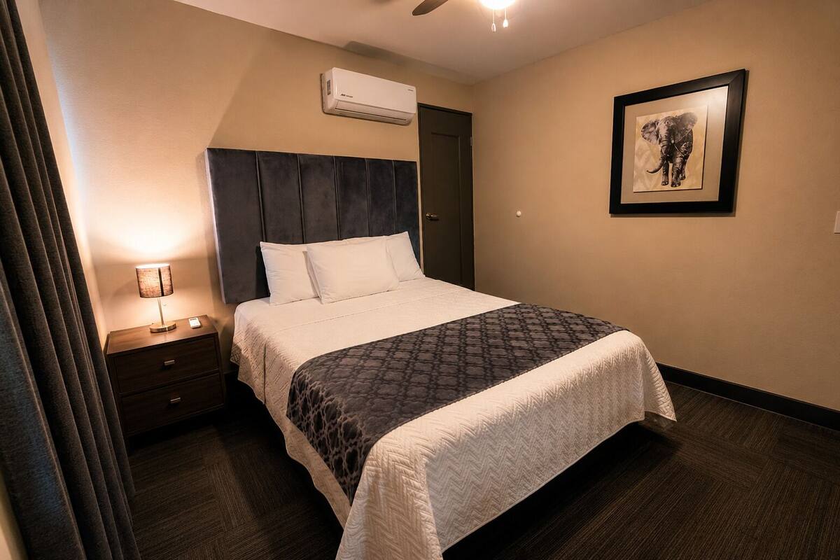 A hotel room with a bed, bedside lamp, air conditioning unit, framed picture, and a door.