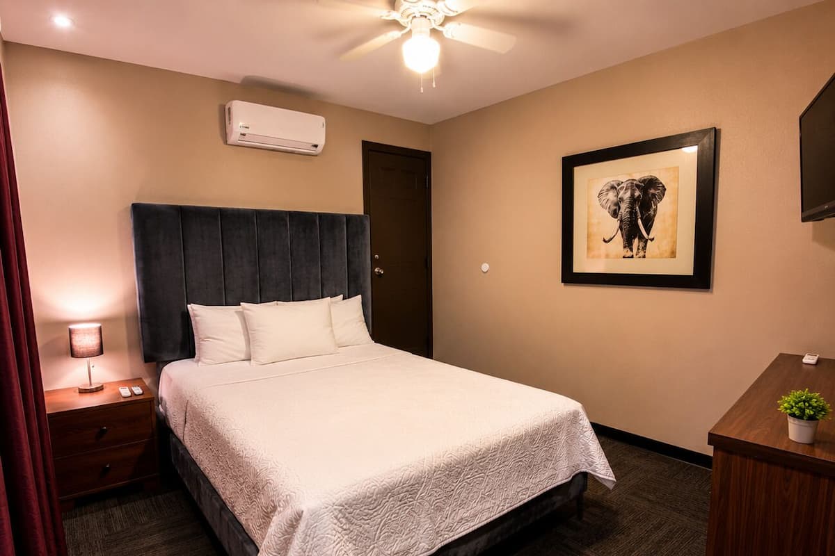 Una habitación de hotel con cama, escritorio, silla, unidad de aire acondicionado, un cuadro enmarcado en la pared y ventilador de techo.