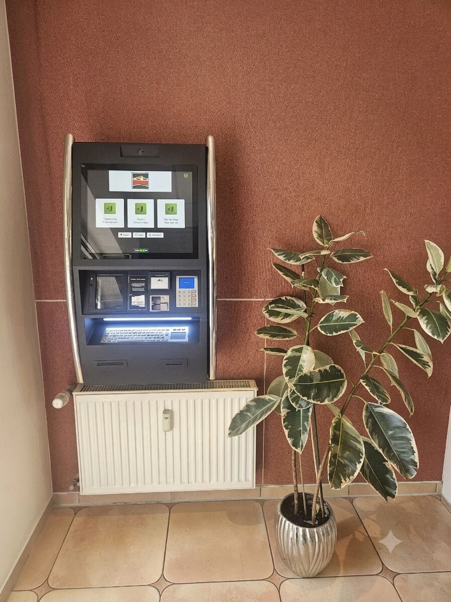 Ein Selbstbedienungskiosk, ein Heizkörper und ein Blumentopf.