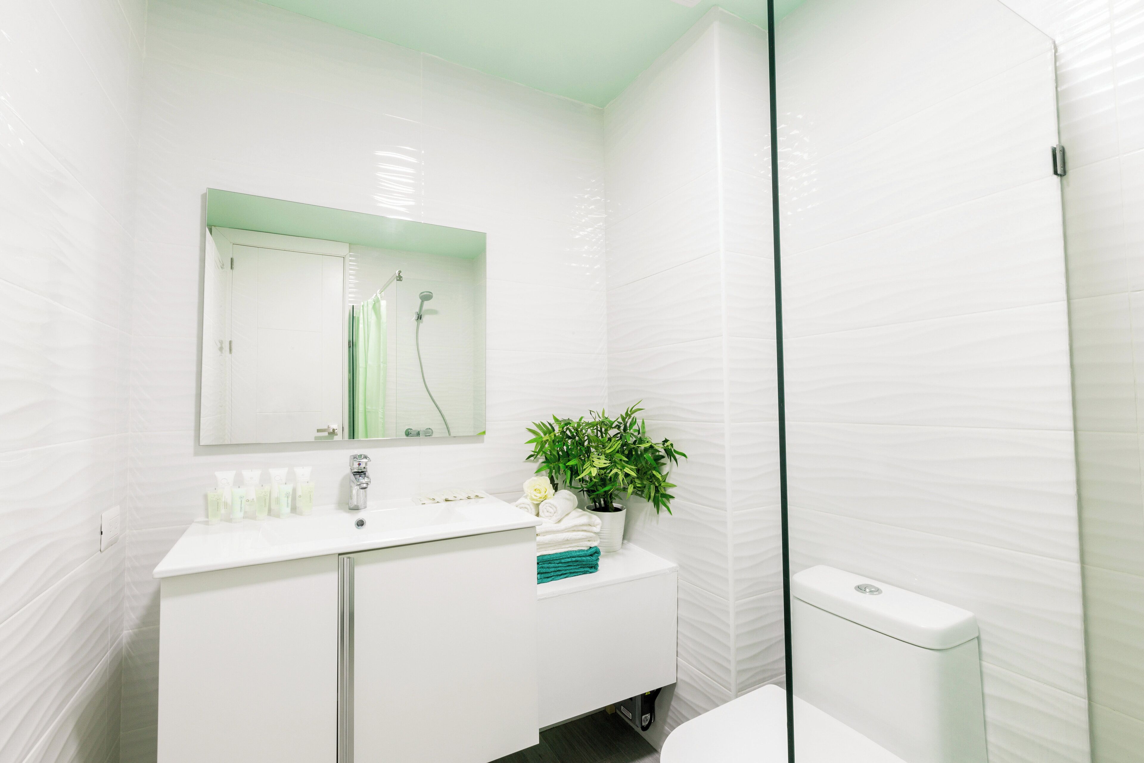A modern bathroom with a white vanity, a mirror, a shower, and a toilet.