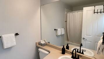 Hair dryer, towels, soap, toilet paper