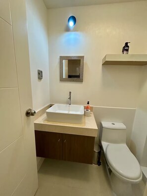 Ein Badezimmer mit Waschbecken, Spiegel, Toilette und Ablagefläche mit einer Flasche.