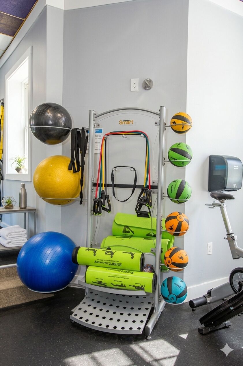 A gym with exercise equipment, including a pull-up bar, medicine balls, and a step platform.