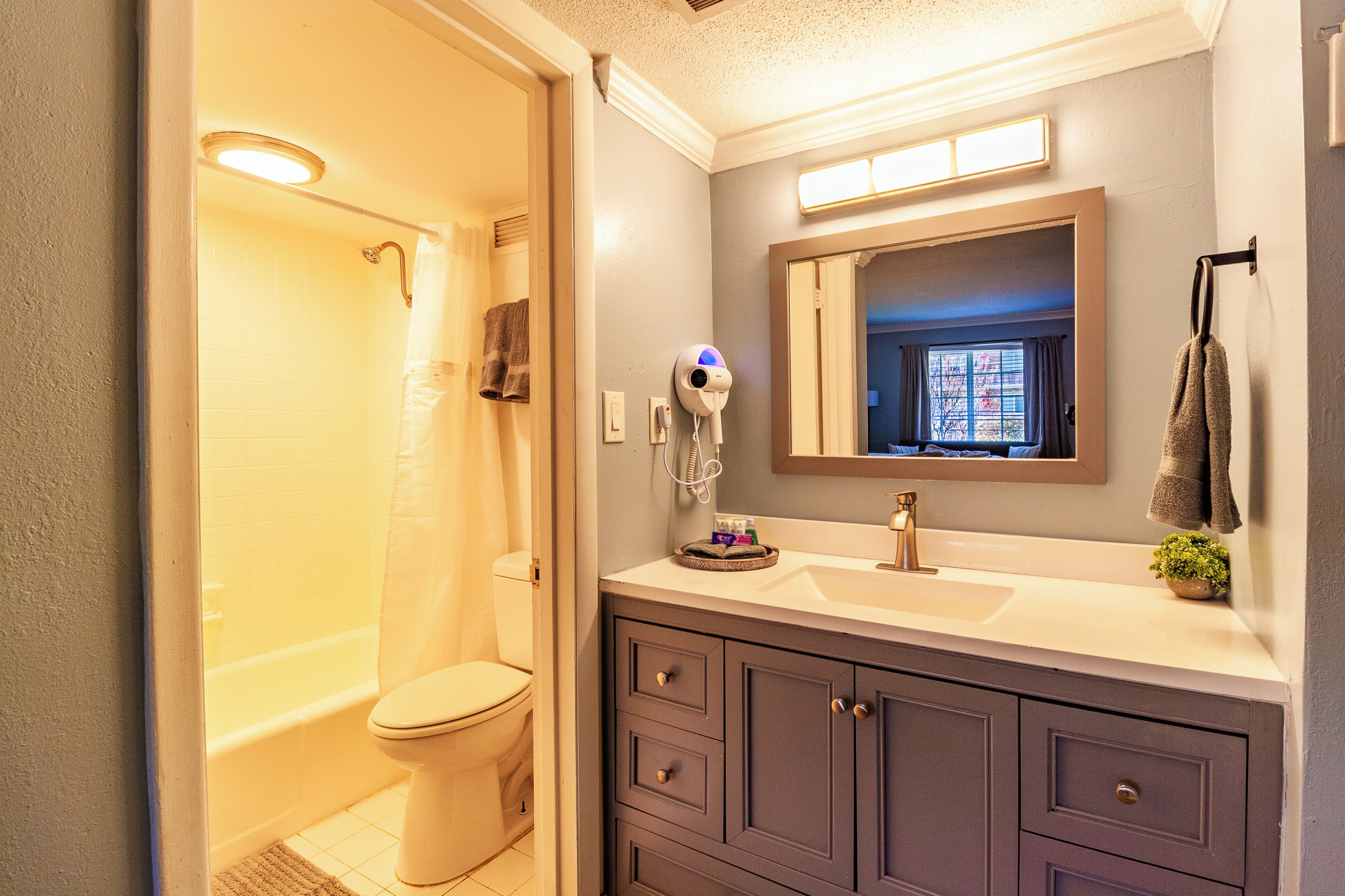 Hair dryer, towels, soap, toilet paper