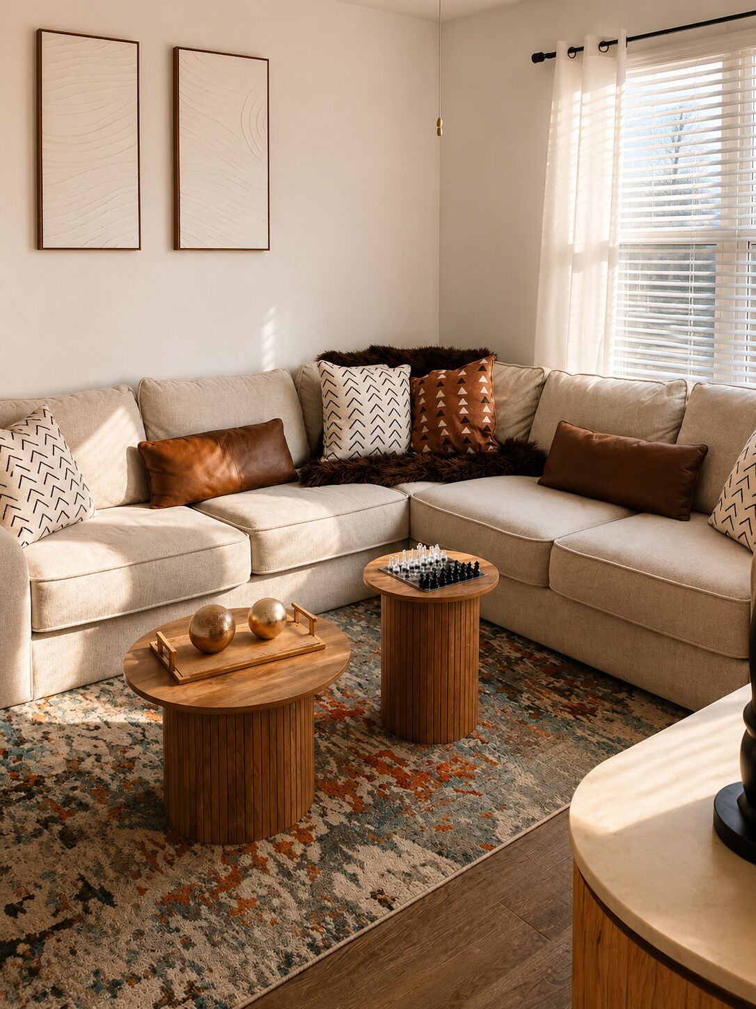 A living room with a beige sofa, two round wooden coffee tables, a chessboard, and a patterned rug.