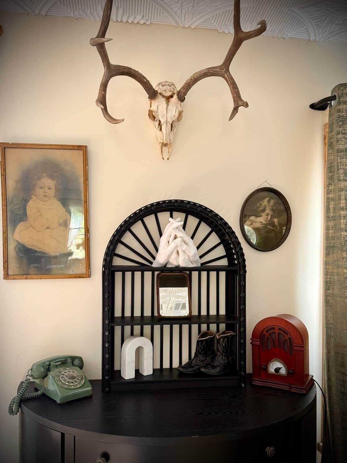 A room with a wall-mounted antler skull, a vintage telephone, a red radio, and a framed photograph.