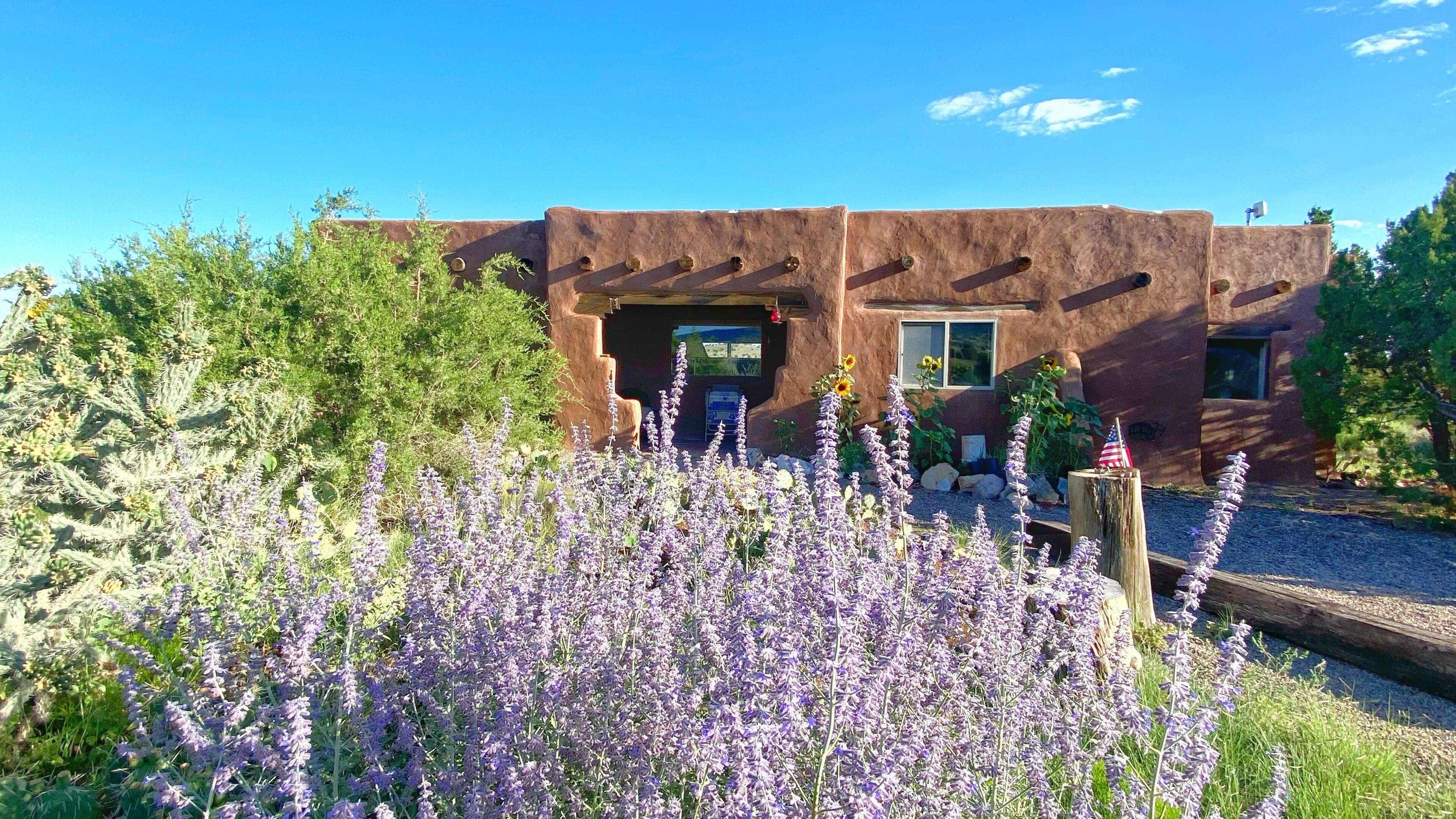A rustic adobe-style building with a front entrance, surrounded by a garden with purple flowers.