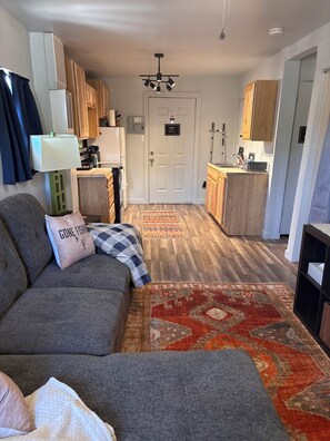 A living room with a grey sofa, a patterned rug, and a kitchen with wooden cabinets and a white door.