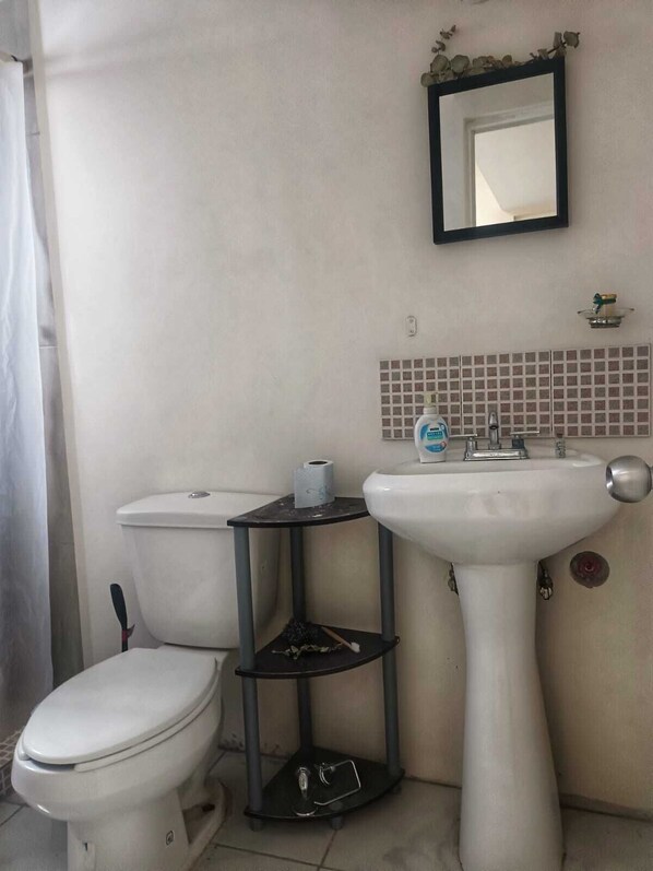 Kylpyhuone, jossa on wc, pesuallas ja pieni hylly, jossa on hygieniatuotteita.