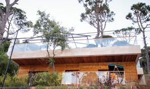 Una cabaña moderna de madera con techo de cristal, rodeada de árboles.