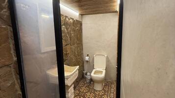 A bathroom with a stone wall, a toilet, a sink, and a patterned floor.