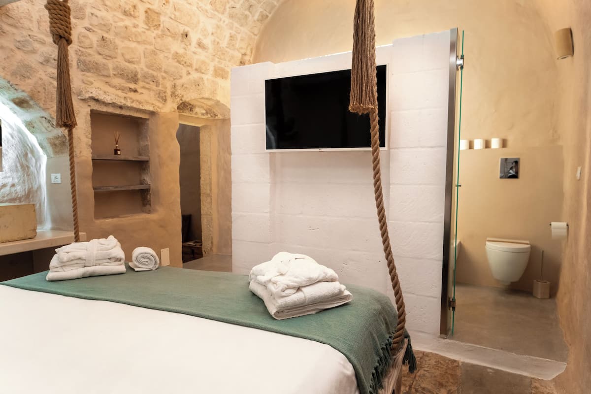 Habitación con paredes de piedra, una cama, televisión y zona de ducha.