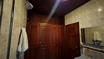 Shower, towels, soap, toilet paper