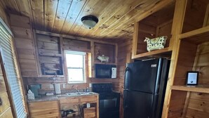 Une cuisine rustique, située dans une cabane en bois, équipée d’un réfrigérateur, d’un four à micro-ondes et de meubles de rangement en bois.