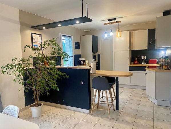 Et moderne køkken med en central ø, barstole, en potteplante og et spiseområde.