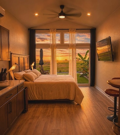 A bedroom with a large bed, a ceiling fan, a desk with a chair, a TV, and a view of a sunset over a field.. Hilltop Oasis - Guest House-Country Living but close to fun!