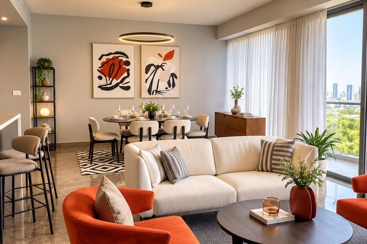 Una sala de estar moderna con un sofá, sillones, una mesa de centro y un comedor con una araña.
