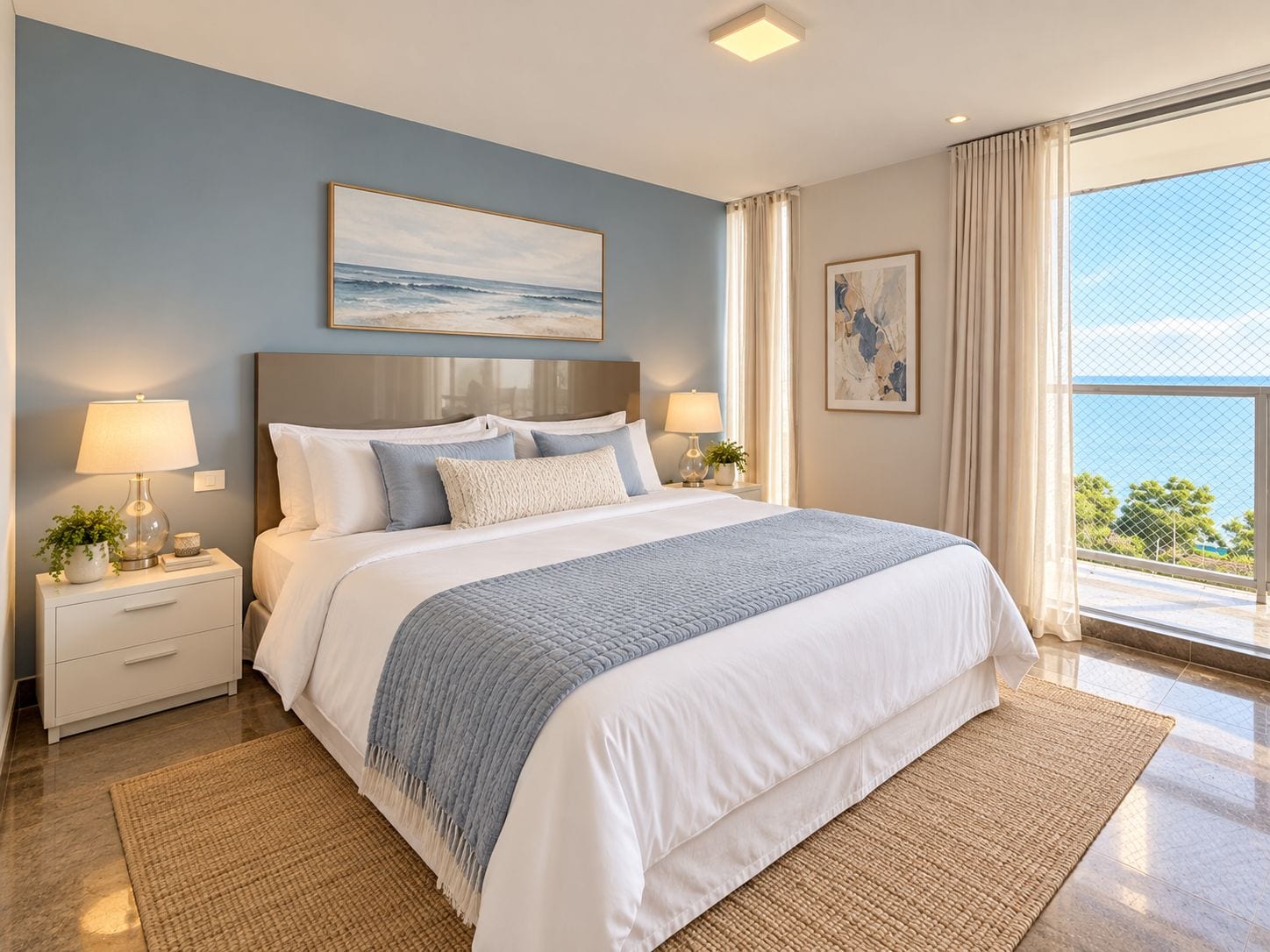 Un dormitorio moderno con una cama grande, dos mesitas de noche y vistas al exterior.