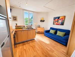 Ein kompakter Wohnbereich mit Küchenzeile, einem blauen Sofa und einem Bild an der Wand.