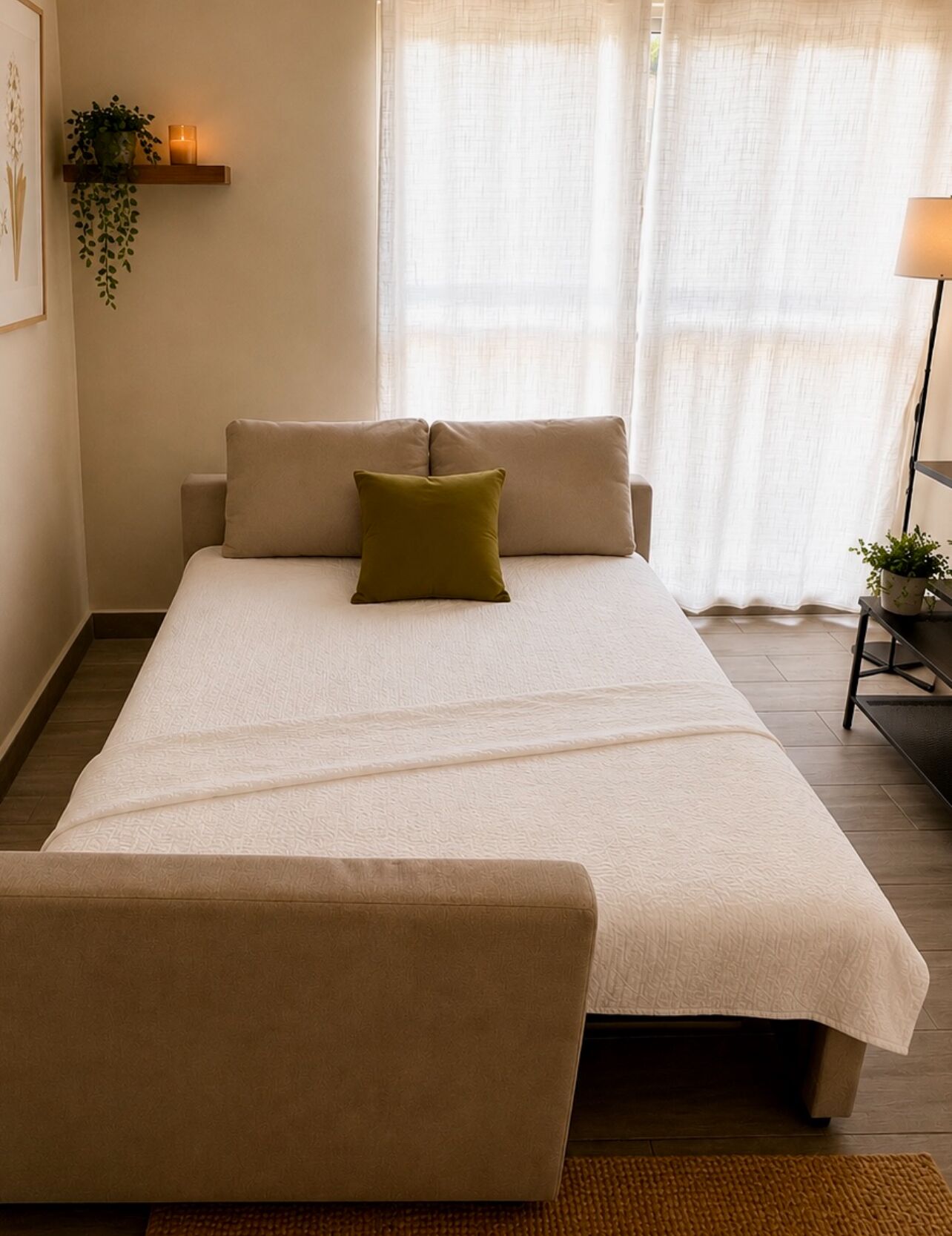 Une chambre à coucher avec un lit, des oreillers, une table de chevet, une lampe et une fenêtre avec des rideaux.