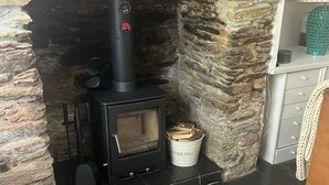 A stone fireplace with a black wood-burning stove, a metal bucket labeled 'Kindling,' and a bookshelf with books.