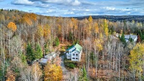 Ein Haus, umgeben von einem Wald, mit blauem Himmel.
