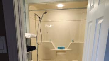 Hair dryer, towels, soap, toilet paper