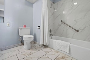 A bathroom with a toilet, shower, and bathtub. - Economy Inn & Suites (Rantoul)