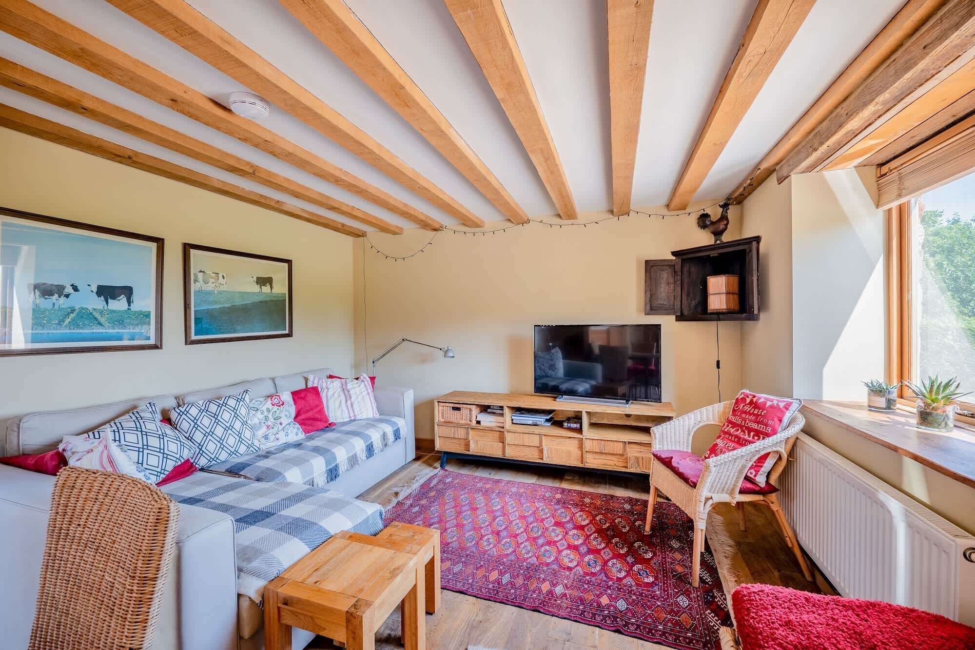 A cozy living room with a wooden ceiling, a sofa, a TV, and a window with a view.