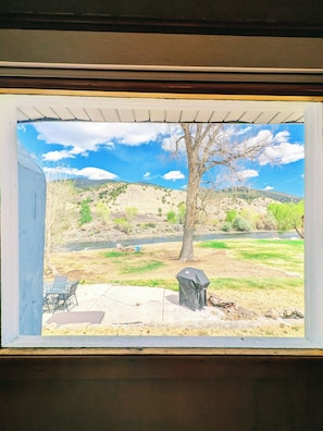 A view through a window of a backyard with a patio, a barbecue grill, and a tree. - Cozy / River Front / Charm (Salida)