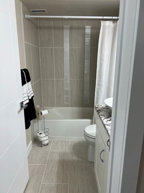 Douche, sèche-cheveux, serviettes fournies, savon