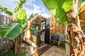 A small, enclosed wooden structure with a glass door, surrounded by banana plants and a wooden fence.
