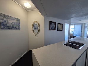 A modern kitchen with a countertop, sink, and artwork on the wall. - The Gilded Gallery I Art-Inspired Luxe (Brisbane City)