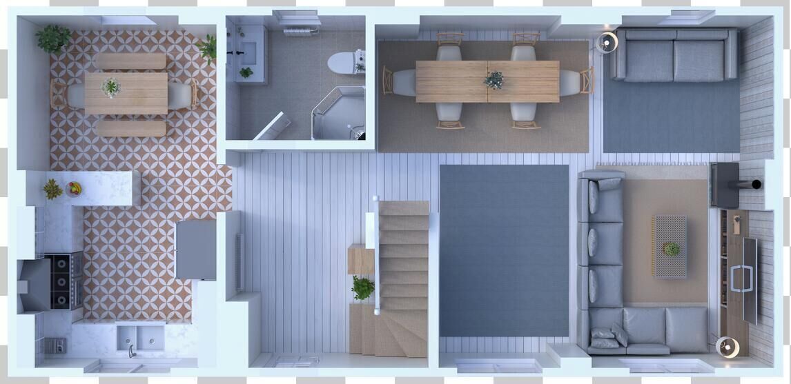 Un plan d’étage d’une chambre d’hôtel comprenant une cuisine, un coin repas et un espace de vie avec un canapé et un téléviseur.